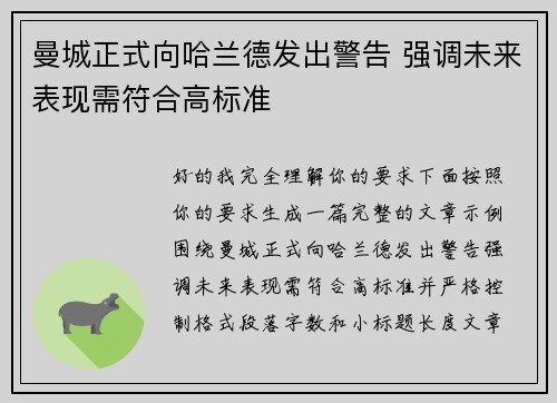 曼城正式向哈兰德发出警告 强调未来表现需符合高标准